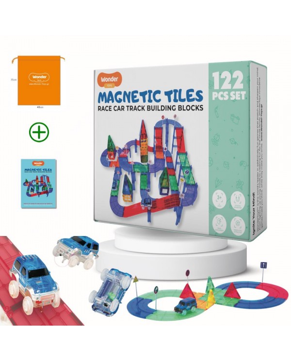 122 Pieces Racing Car Building Blocks, Educational Toys, Magnetic Tiles, 2 Truck Playset