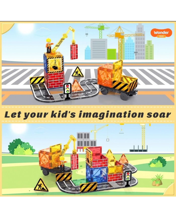 Magnetic Construction Set 63 pcs with Crane and Traffic Signs Toys