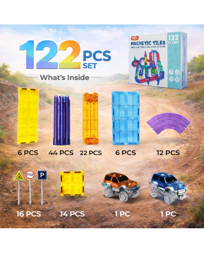 122 Pieces Racing Car Building Blocks, Educational Toys, Magnetic Tiles, 2 Truck Playset