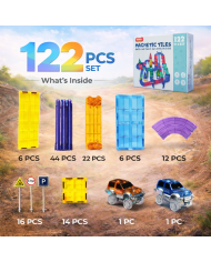 122 Pieces Racing Car Building Blocks, Educational Toys, Magnetic Tiles, 2 Truck Playset