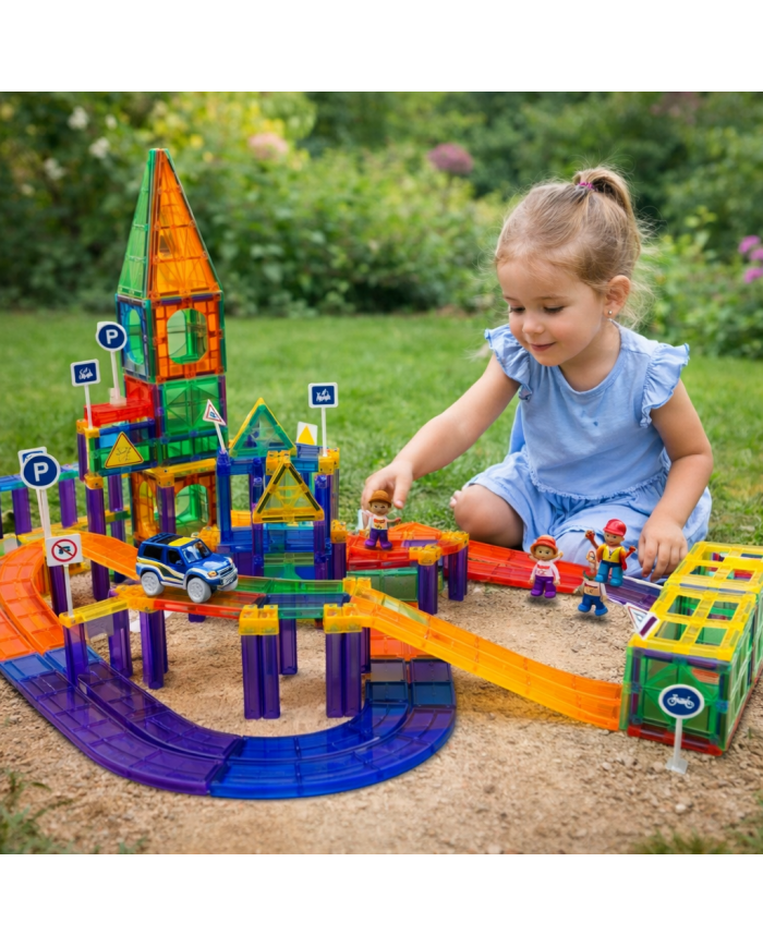 122 Pieces Racing Car Building Blocks, Educational Toys, Magnetic Tiles, 2 Truck Playset