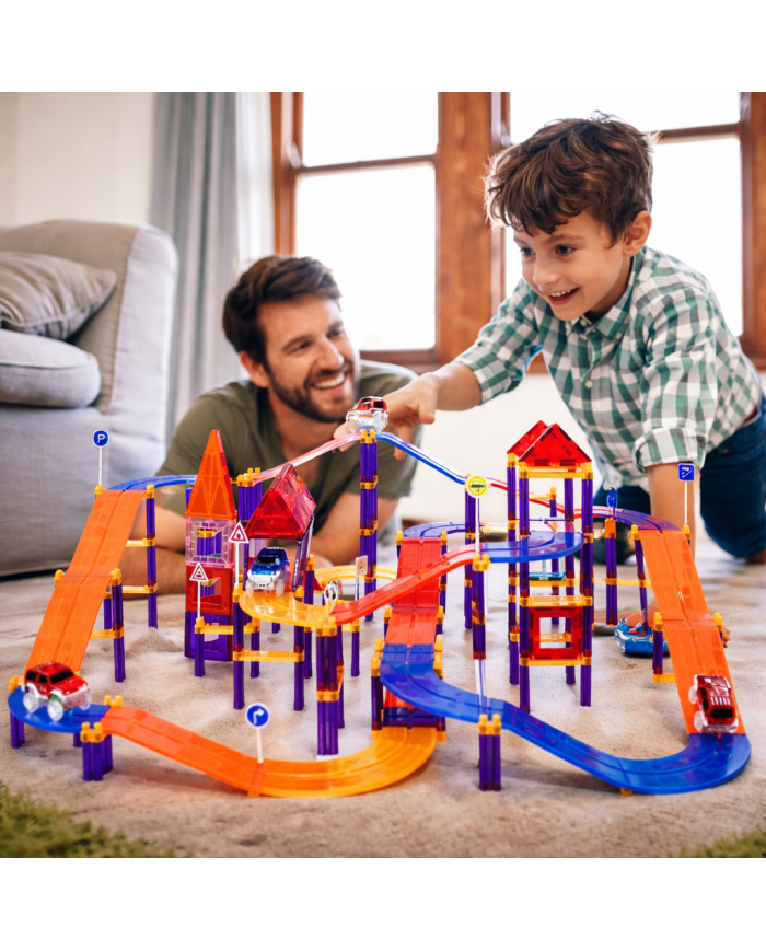 122 Pieces Racing Car Building Blocks, Educational Toys, Magnetic Tiles, 2 Truck Playset