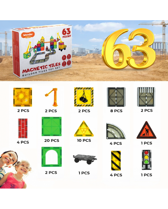 Magnetic Construction Set 63 pcs with Crane and Traffic Signs Toys