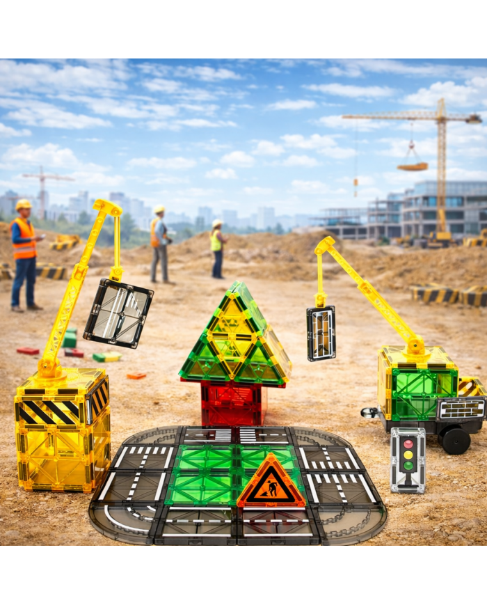 Magnetic Construction Set 63 pcs with Crane and Traffic Signs Toys