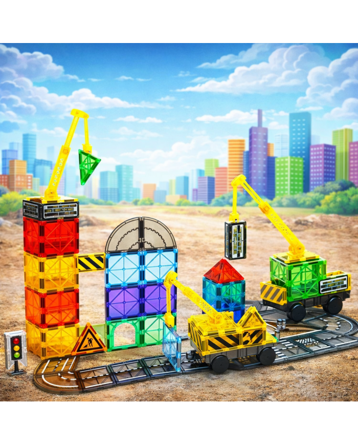 Magnetic Construction Set 63 pcs with Crane and Traffic Signs Toys