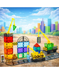 Magnetic Construction Set 63 pcs with Crane and Traffic Signs Toys