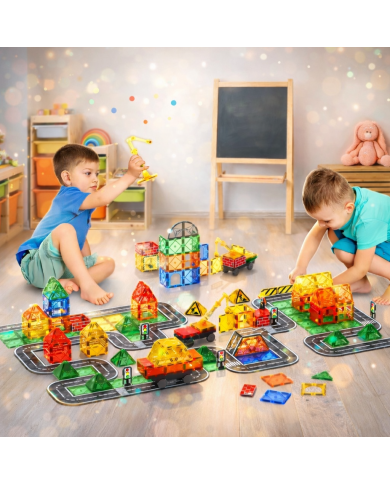 Magnetic Construction Set 63 pcs with Crane and Traffic Signs Toys