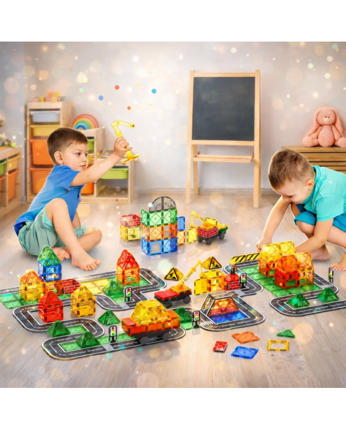Magnetic Construction Set 63 pcs with Crane and Traffic Signs Toys