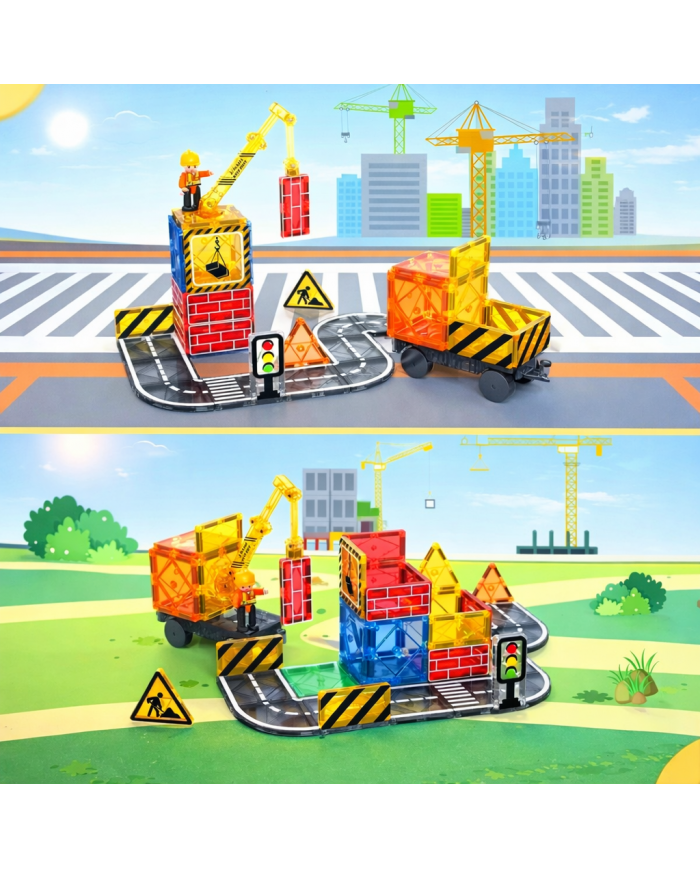 Magnetic Construction Set 63 pcs with Crane and Traffic Signs Toys