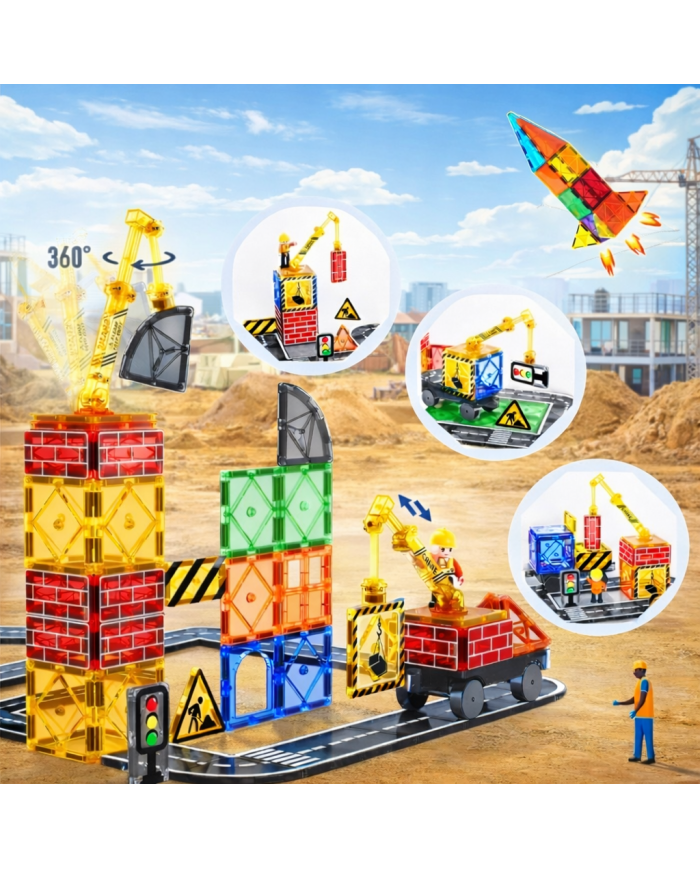 Magnetic Construction Set 63 pcs with Crane and Traffic Signs Toys