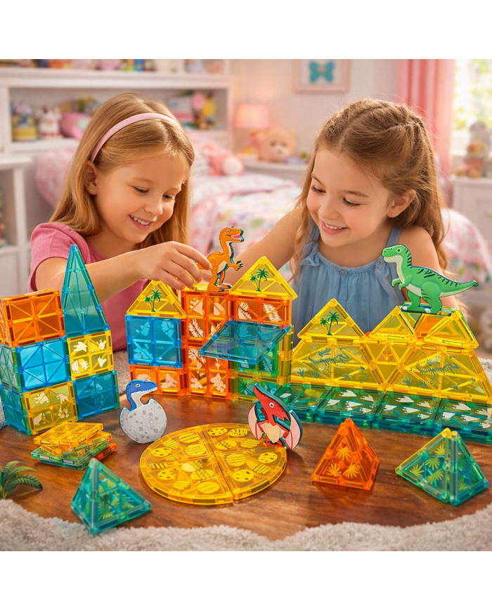 Dinosaur Magnetic Tiles Construction Set – 63 Pieces