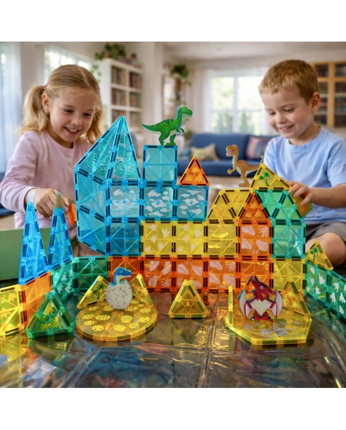 Dinosaur Magnetic Tiles Construction Set – 63 Pieces
